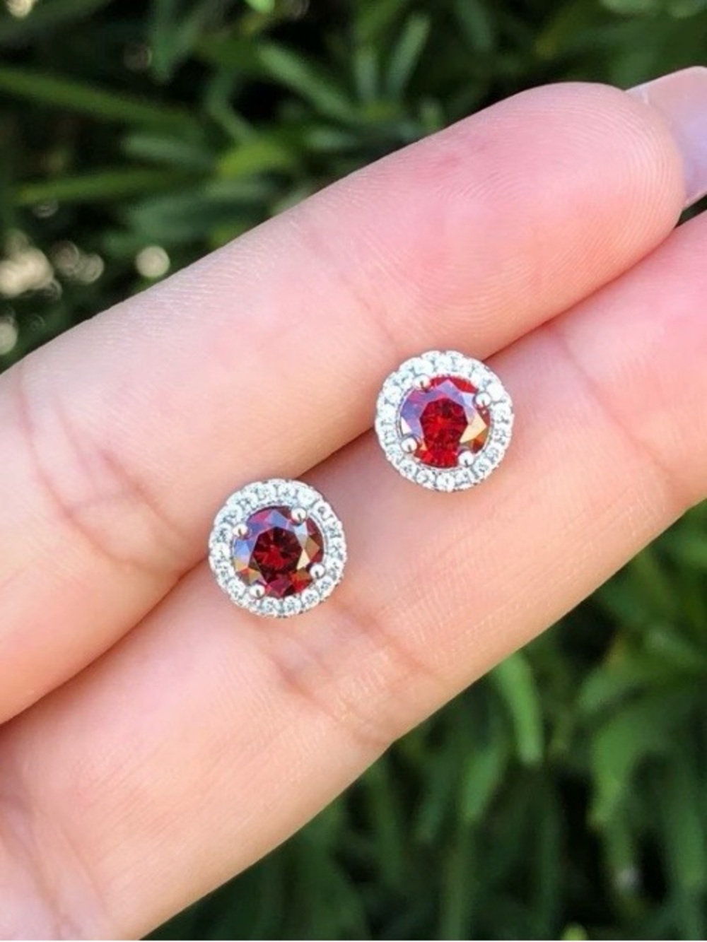 Solid 925 Sterling Silver & Garnet Red Gemstone & CZ Halo Stud Earrings - Picture 3 of 5